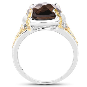 3.28 Carat Genuine Smoky Quartz and Yellow Diamond .925 Sterling Silver Ring