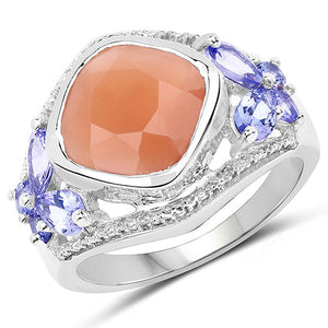 4.67 Carat Genuine Peach Moonstone and Tanzanite .925 Sterling Silver Ring