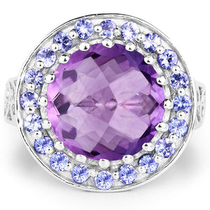 5.95 Carat Genuine Amethyst and Tanzanite .925 Sterling Silver Ring