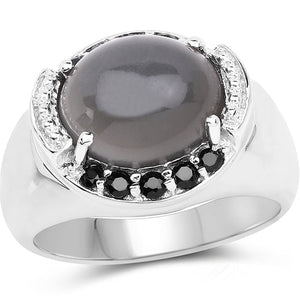 5.68 Carat Genuine Grey Moonstone & Black Spinel .925 Sterling Silver Ring