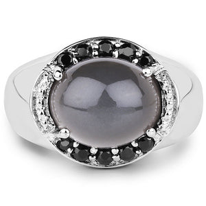 5.68 Carat Genuine Grey Moonstone & Black Spinel .925 Sterling Silver Ring
