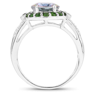 3.92 Carat Genuine Rainbow Quartz and Chrome Diopside .925 Sterling Silver Ring