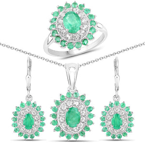 6.53 Carat Genuine Zambian Emerald and White Topaz .925 Sterling Silver 3 Piece Jewelry Set (Ring, Earrings, and Pendant w/ Chain)