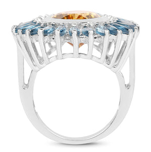 7.54 Carat Genuine Citrine & London Blue Topaz .925 Sterling Silver Ring