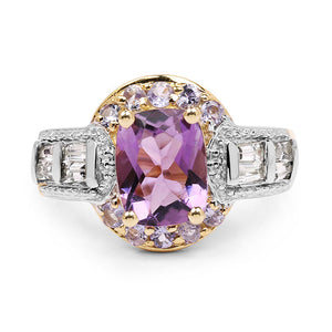 14K Yellow Gold Plated 2.28 Carat Genuine Amethyst, Tanzanite And White Topaz .925 Sterling Silver Ring
