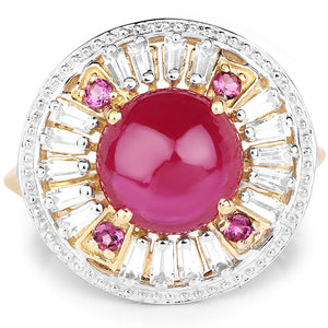 14K Yellow Gold Plated 8.91 Carat Genuine Glass Filled Ruby, Rhodolite & White Topaz .925 Sterling Silver Ring