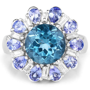 6.19 Carat Genuine London Blue Topaz, Tanzanite & White Topaz .925 Sterling Silver Ring