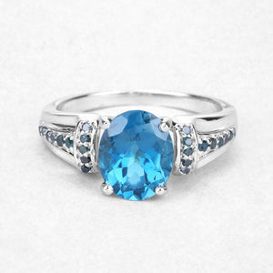 2.72 Carat Genuine London Blue Topaz and Blue Diamond .925 Sterling Silver Ring