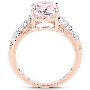 14K Rose Gold Plated 3.27 Carat Genuine Kunzite Oval and White Zircon .925 Sterling Silver Ring Ring