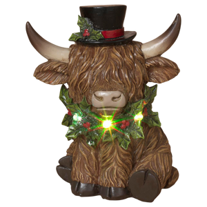 Lighted Resin Holiday Highland Cow in Top Hat