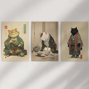 Japanese Ukiyo-e Style Cat Wall Art Set of 3. Tea Ceremony