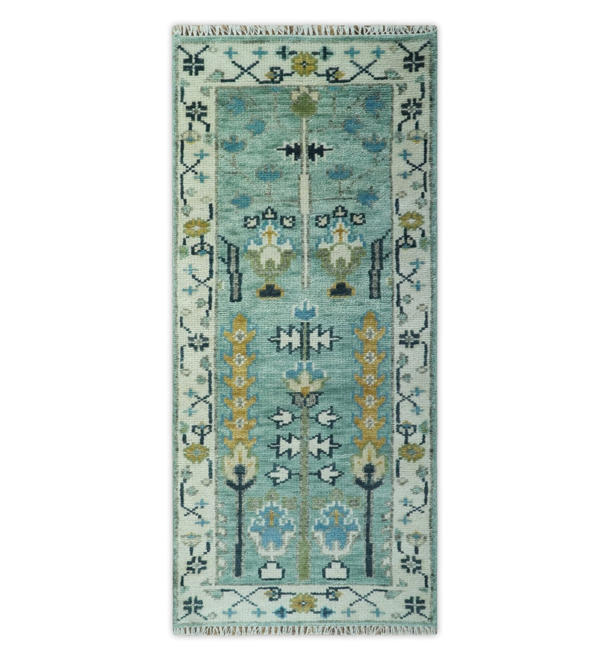 Ready to Ship 2.6x6 Green and Ivory Tree of life Hand Knotted Wool Area Rug