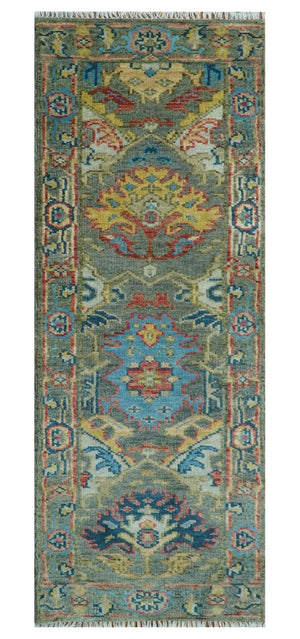 Ready to Ship 2.6x8 Oushak Charcoal and Blue Hand Knotted Wool Area Rug