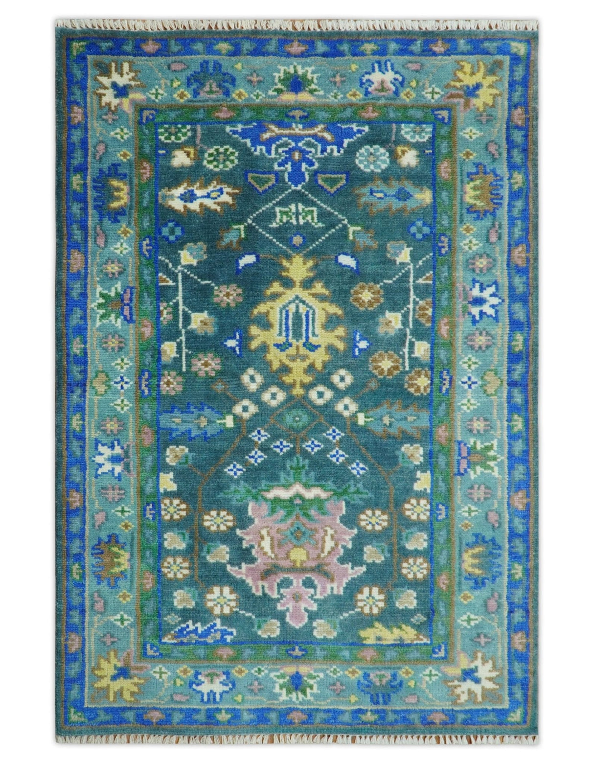 Ready to Ship 4x6 Hand Knotted Green and Blue Turkish Design Wool Rug