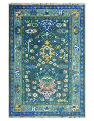 Ready to Ship 4x6 Hand Knotted Green and Blue Turkish Design Wool Rug