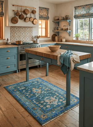 Ready to Ship 4x6 Hand Knotted Green and Blue Turkish Design Wool Rug