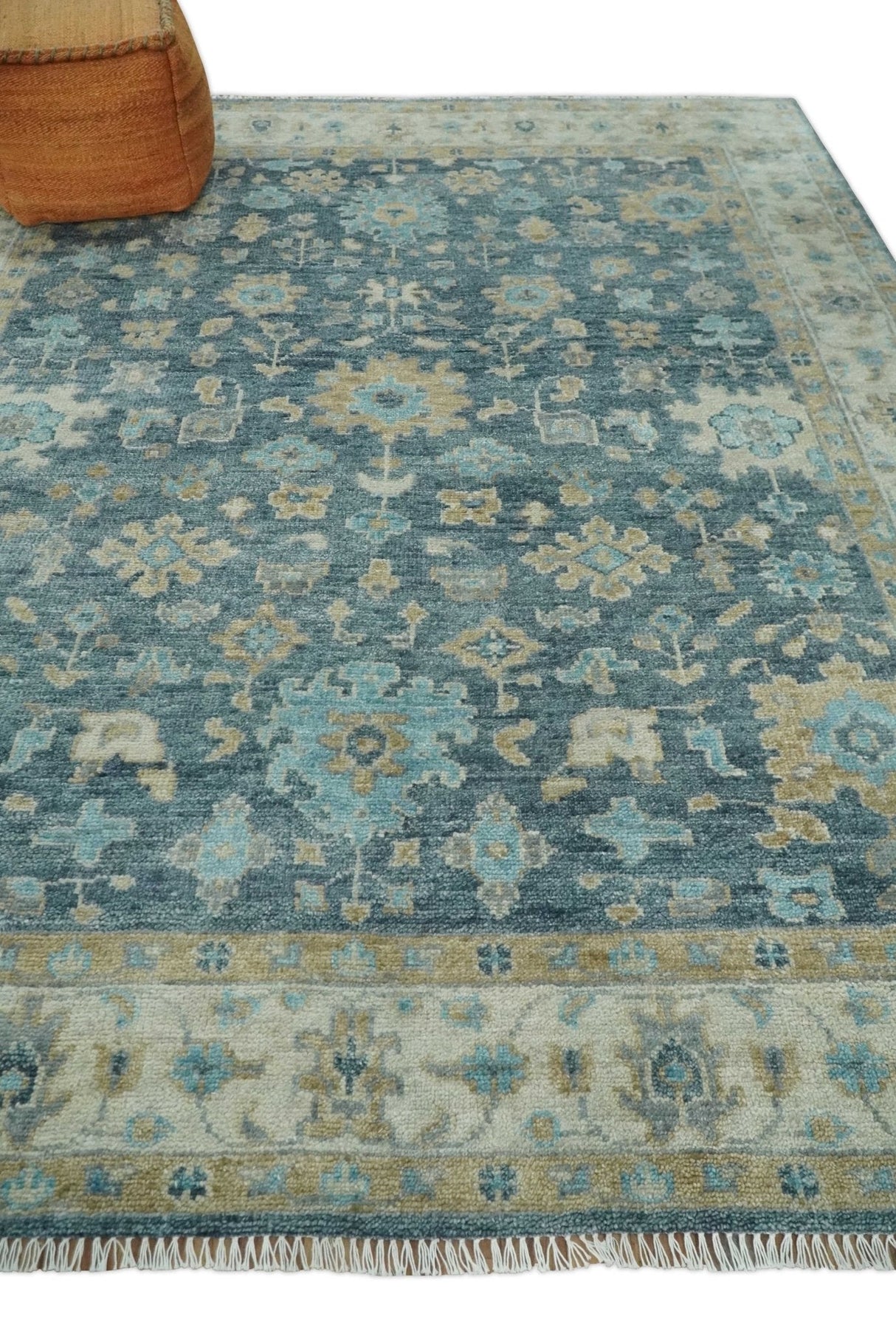 Ready to Ship 4x6 Teal And Beige Hand Knotted Oushak Wool Rug