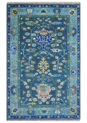 Ready to Ship 5x8 Hand Knotted Green and Blue Turkish Design Wool Rug