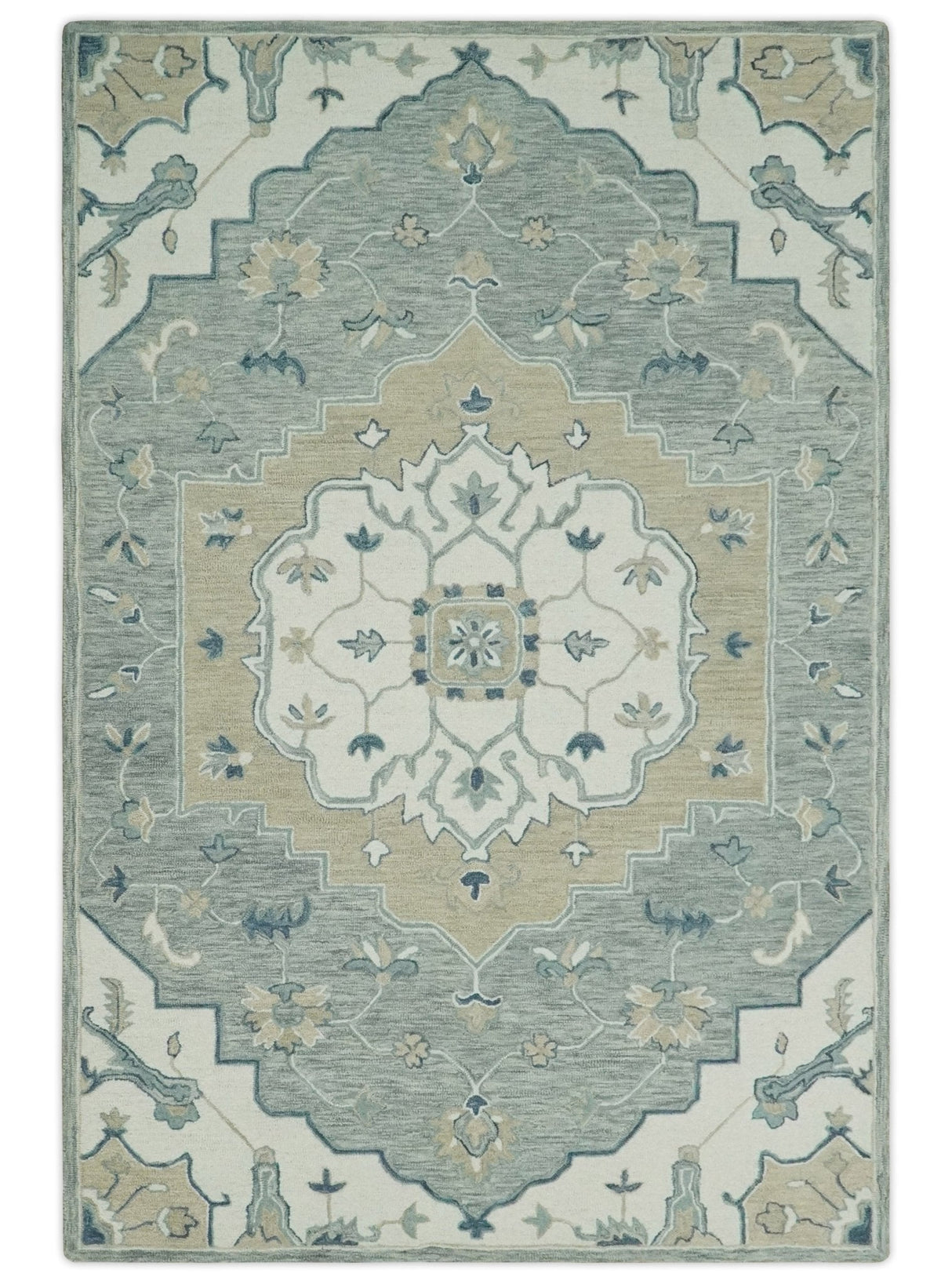 Ready to Ship 6x9 Traditional Ivory And Blue Hand Tufted Wool Rug