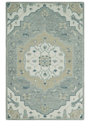 Ready to Ship 6x9 Traditional Ivory And Blue Hand Tufted Wool Rug