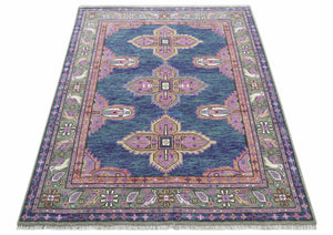 Ready to Ship 7x9 Pink And Blue Hand Knotted Wool Rug