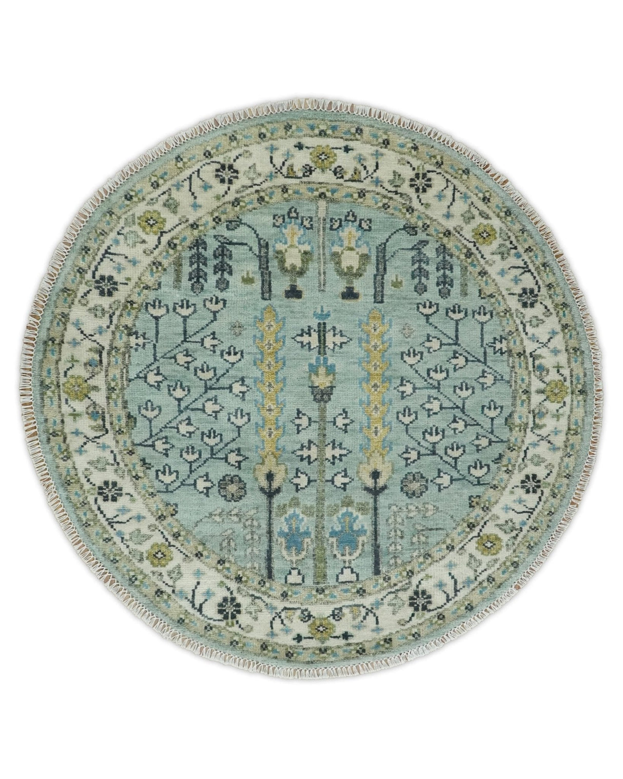 Ready to Ship 8x10, 9x12 Aqua and Ivory Tree Design Hand Knotted Wool Area Rug