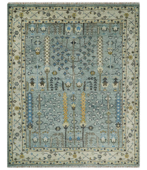Ready to Ship 8x10, 9x12 Aqua and Ivory Tree Design Hand Knotted Wool Area Rug