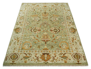 Ready to Ship 8x10, 9x12,10x14 Hand Knotted Green and beige Traditional Vintage Style Antique Wool Rug