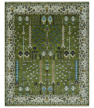 Ready to Ship Hand Knotted Green and Ivory Traditional Wool Area Rug