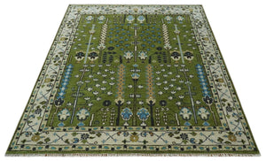 Ready to Ship Hand Knotted Green and Ivory Traditional Wool Area Rug