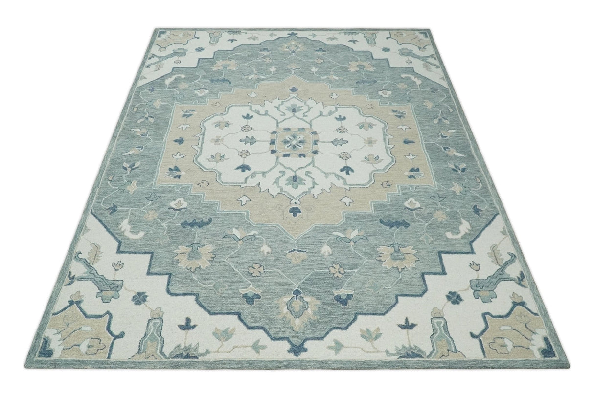 Ready to Ship 8x10 Traditional Ivory And Blue Hand Tufted Wool Rug