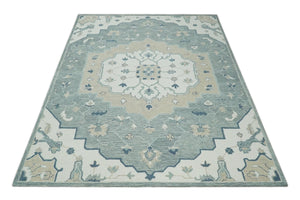 Ready to Ship 8x10 Traditional Ivory And Blue Hand Tufted Wool Rug