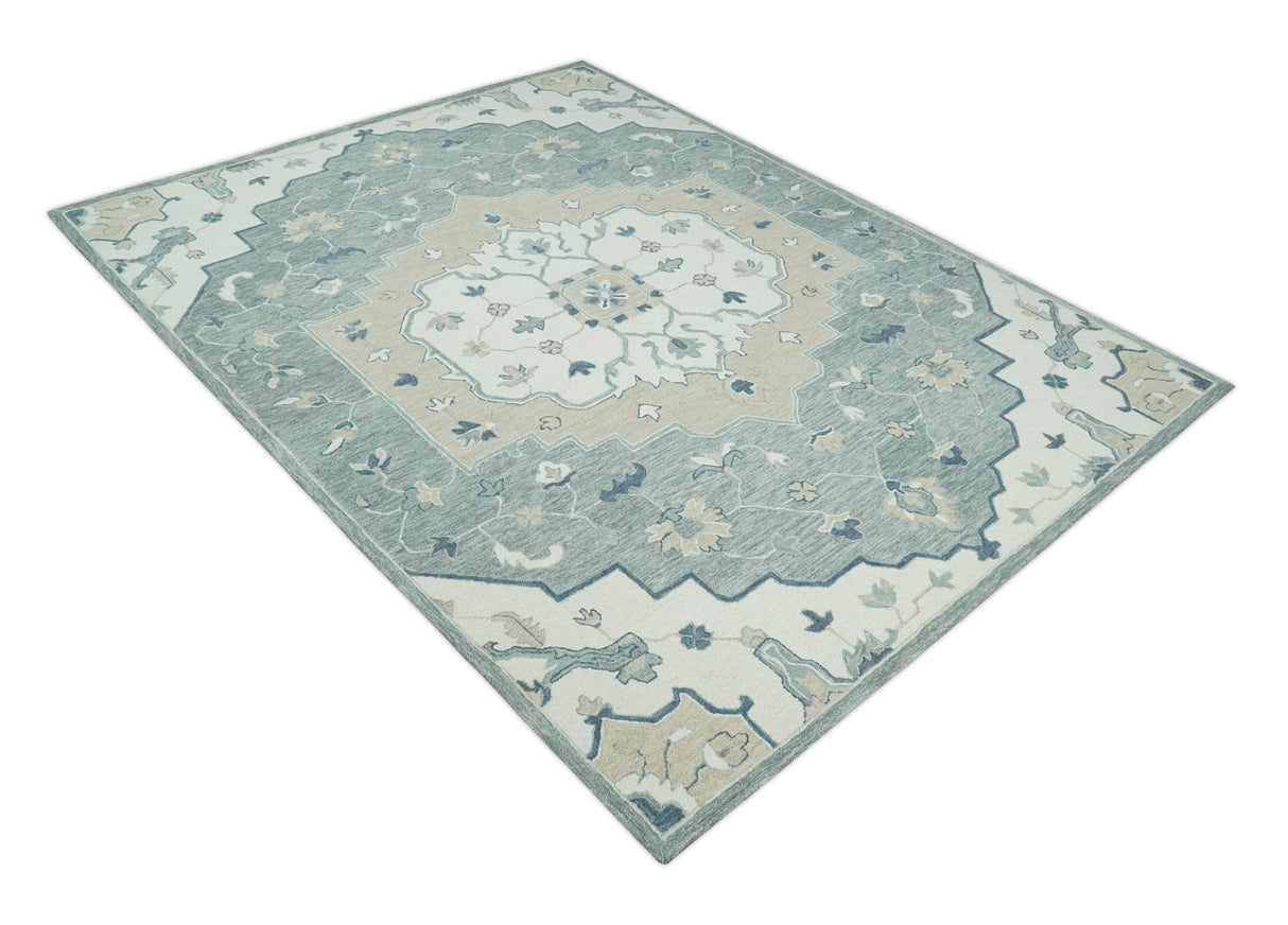 Ready to Ship 8x10 Traditional Ivory And Blue Hand Tufted Wool Rug