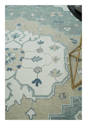 Ready to Ship 8x10 Traditional Ivory And Blue Hand Tufted Wool Rug