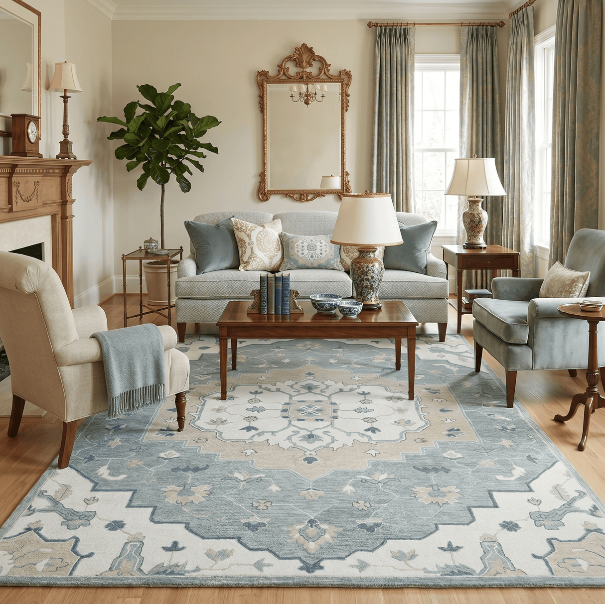 Ready to Ship 8x10 Traditional Ivory And Blue Hand Tufted Wool Rug