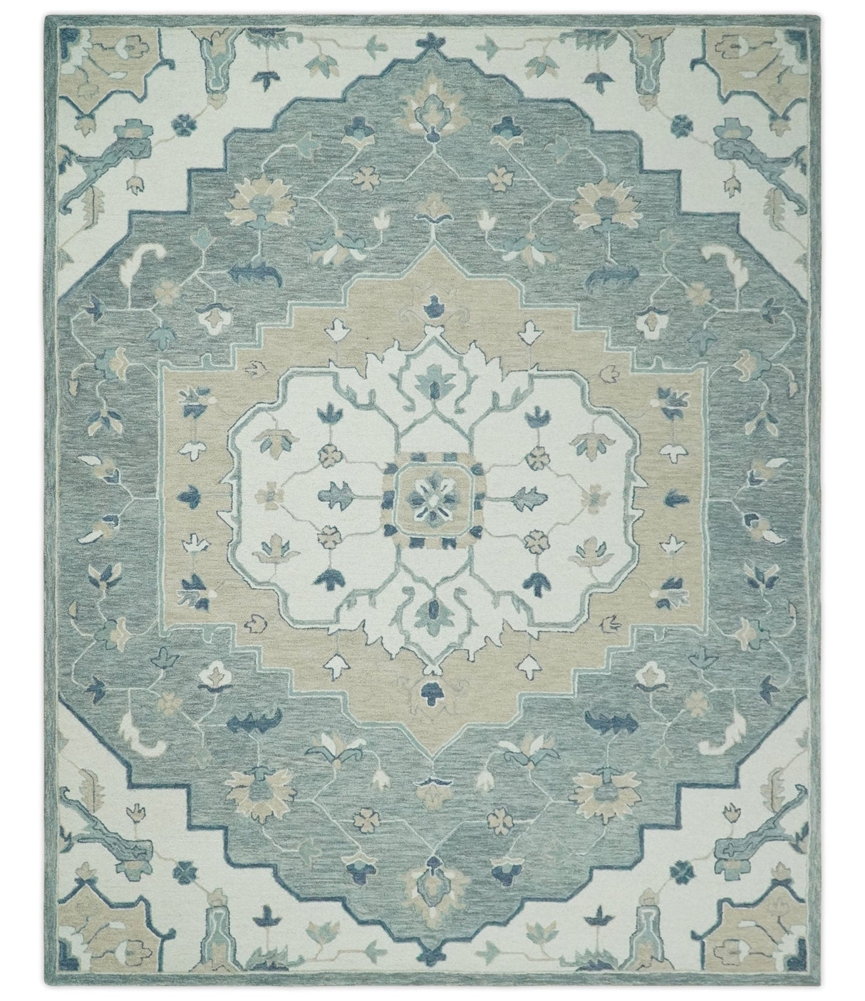 Ready to Ship 8x10 Traditional Ivory And Blue Hand Tufted Wool Rug