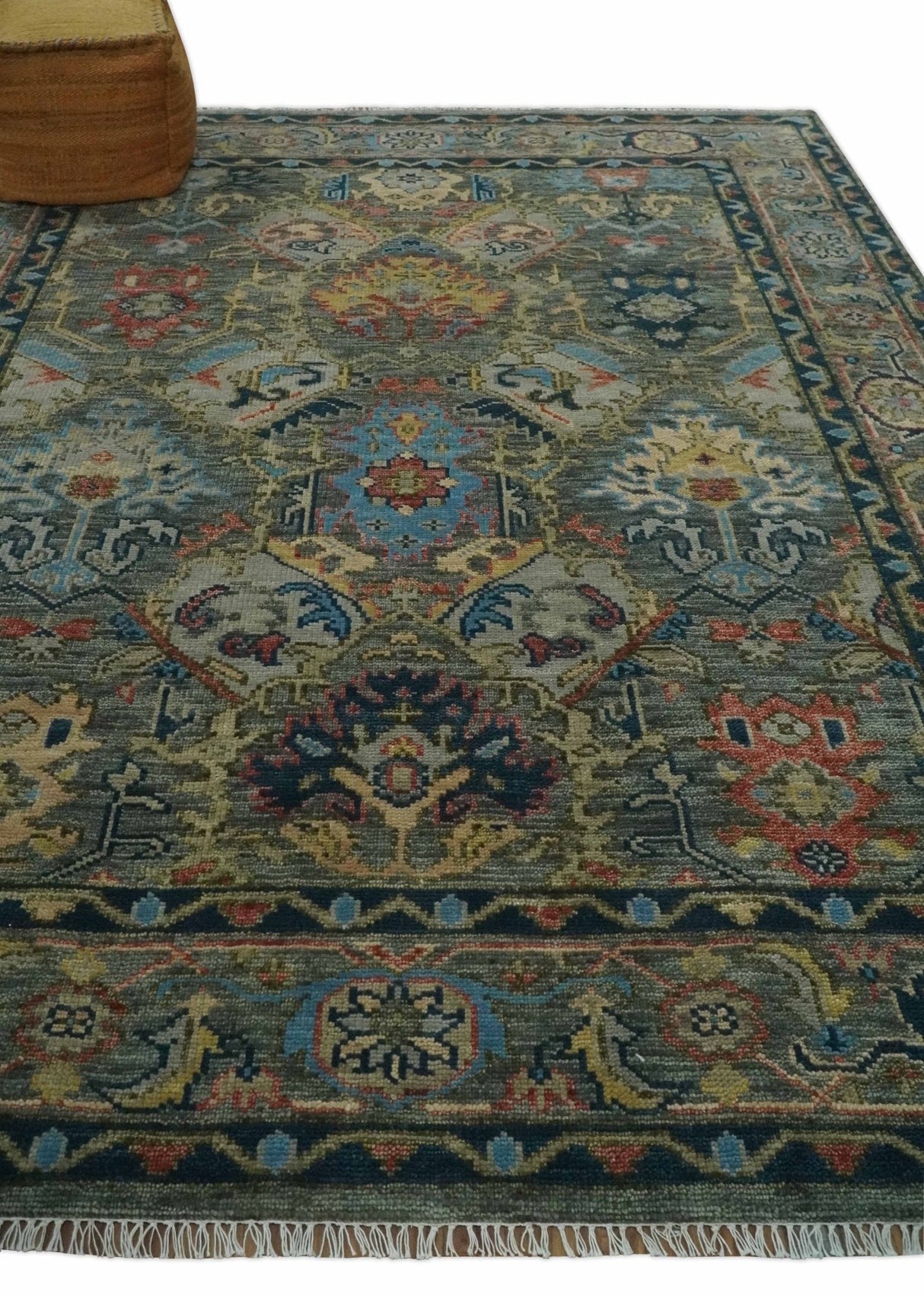 Ready to Ship 8x16 Hand Knotted Oushak Charcoal and Blue Wool Area Rug