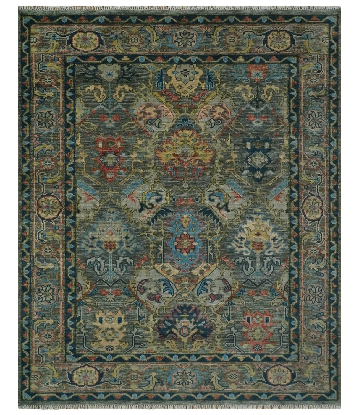 Ready to Ship 8x16 Hand Knotted Oushak Charcoal and Blue Wool Area Rug
