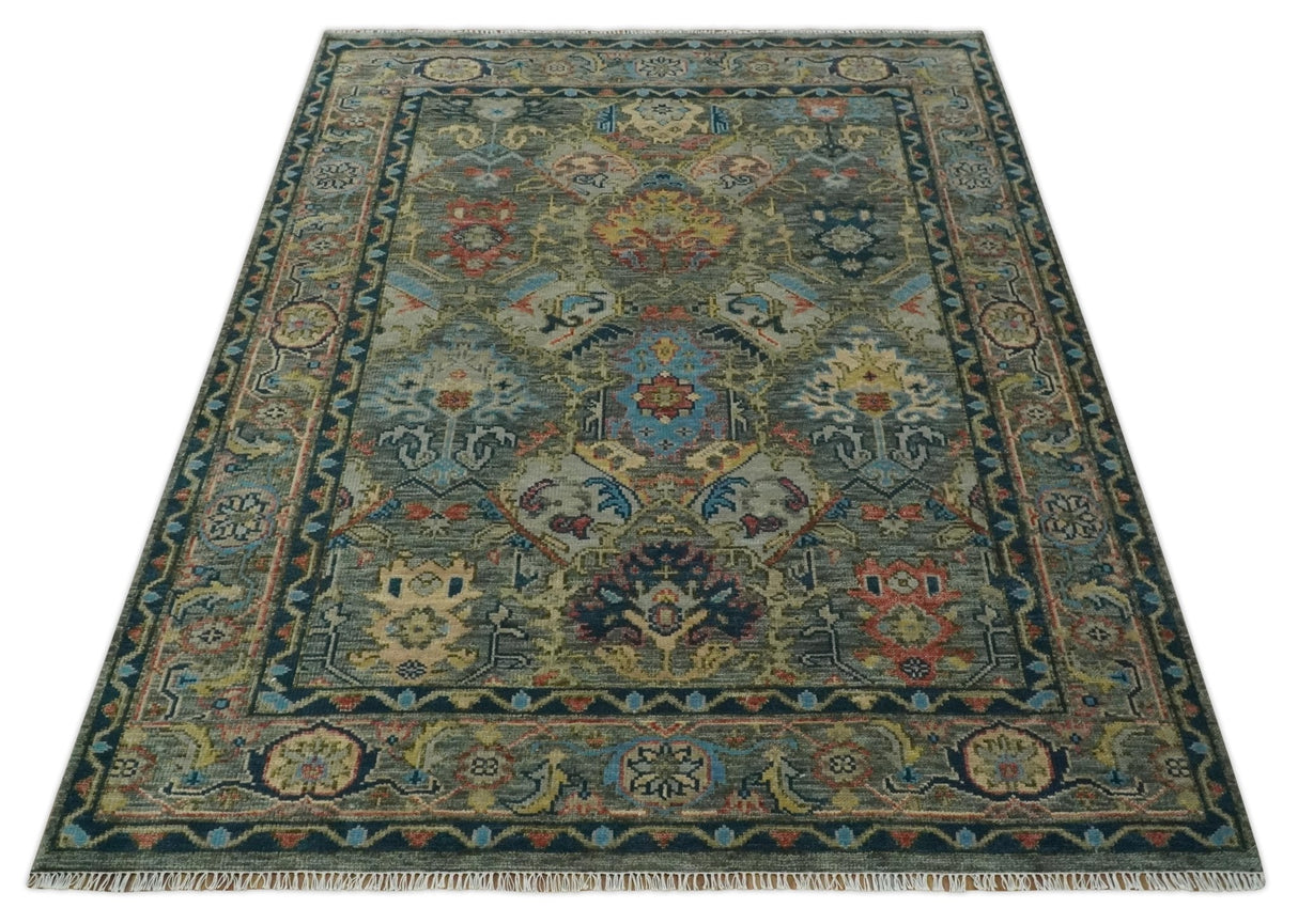 Ready to Ship 8x16 Hand Knotted Oushak Charcoal and Blue Wool Area Rug