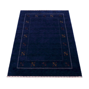 Blue Tribal Border Design Hand Loomed Wool Area Rug