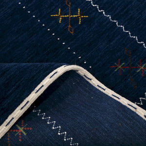 Blue Tribal Border Design Hand Loomed Wool Area Rug
