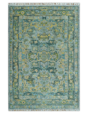 Ready to Ship Green And Gold Traditional Heriz Hand Knotted 4x6  Wool Rug