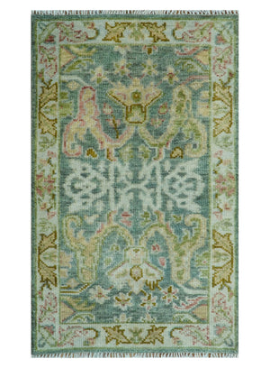 Ready to Ship Green And Gray 3x5 Traditional Hand Knotted Wool Rug