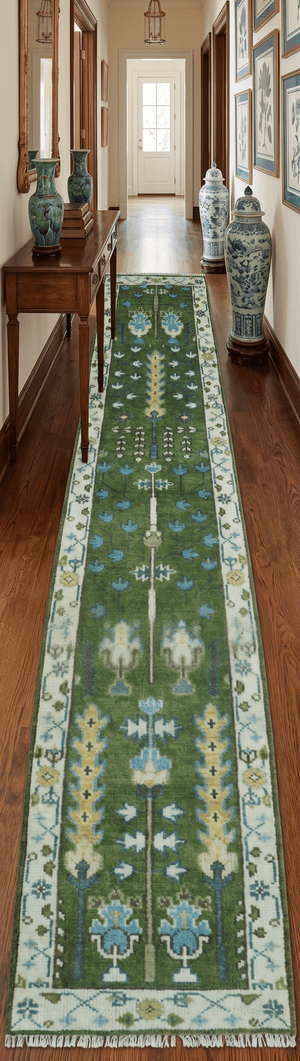 Ready to Ship Hand Knotted 2.6x12 Green and Ivory Tree of life Wool Area Rug