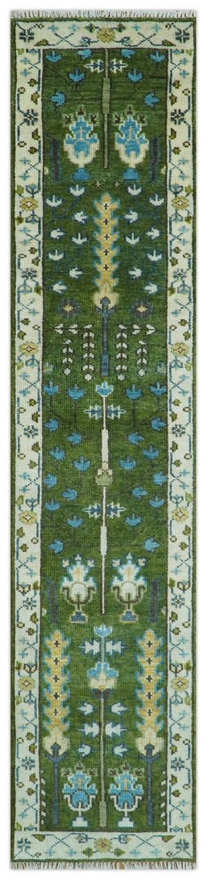Ready to Ship Hand Knotted 2.6x12 Green and Ivory Tree of life Wool Area Rug