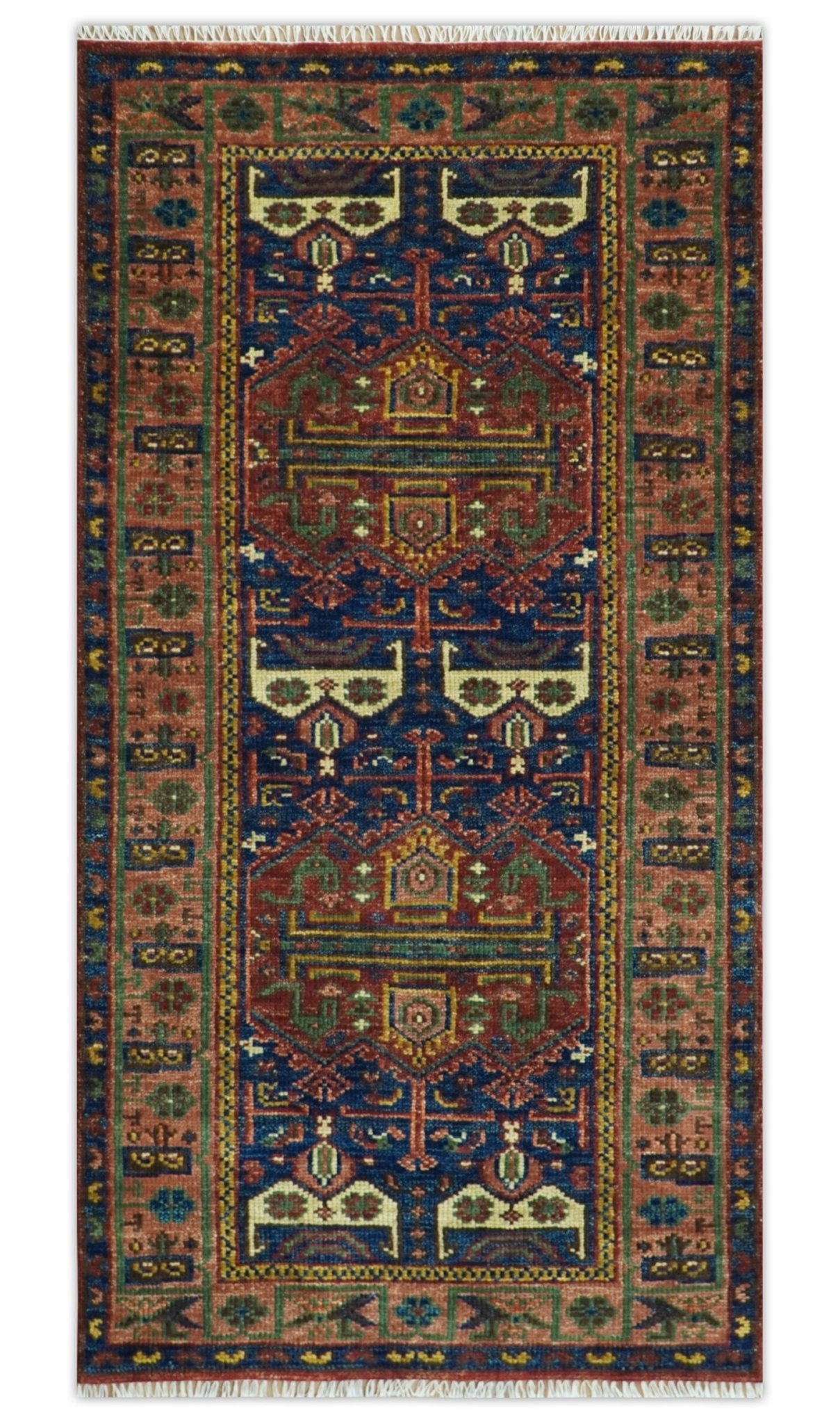 Ready to Ship Hand knotted 4x8 Traditional Antique Style Rust and Blue Area Rug