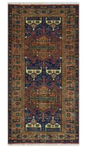 Ready to Ship Hand knotted 4x8 Traditional Antique Style Rust and Blue Area Rug