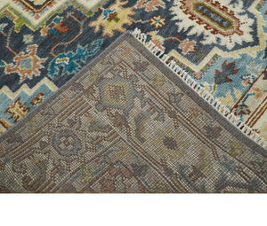 Ready to Ship Hand Knotted Antique Style Turkish Heriz Medallion Ivory and Blue Wool Rug
