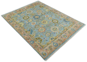 Ready to Ship Hand Knotted Blue and Rust Modern Oushak Area Rug
