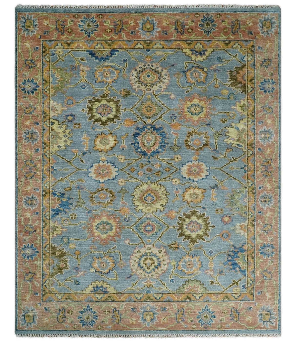 Ready to Ship Hand Knotted Blue and Rust Modern Oushak Area Rug